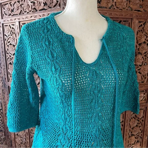 Vintage Teal Cotton Crochet Knit Tie-Neck Quarter Sleeve Sweater Boho Beach - Picture 8 of 13